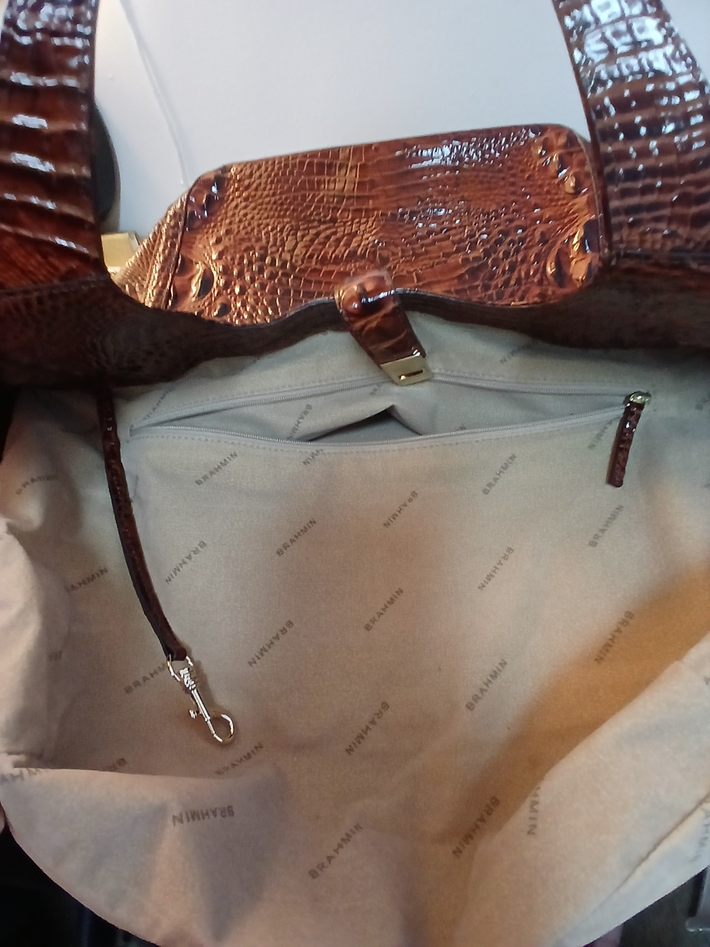 BRAHMIN Leather Large Tote "ASHER" Croc Embossed LEATHER in PECAN BROWN - Picture 8 of 10